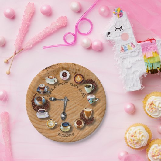 時計として豆が付いているブラックコーヒーのコップ ペーパープレート (パーティー)