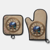 時計とギアの黒いスチームパンクの白鳥。 鍋つかみ&鍋敷きセット (正面)