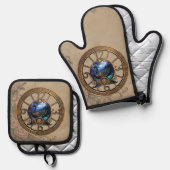 時計とギアの黒いスチームパンクの白鳥。 鍋つかみ&鍋敷きセット (正面/裏面)