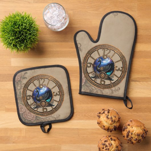 時計とギアの黒いスチームパンクの白鳥。 鍋つかみ&鍋敷きセット (トップダウン)