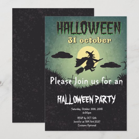 時計と月のハローウィンパーティ 招待状 (正面/裏面)