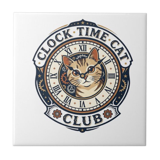 時計と猫のグラフィックTシャツアート - 時計と猫 タイル (正面)