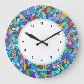 時計と番号が付いている抽象的で青いモザイク模様 ラージ壁時計 (正面)