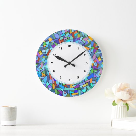 時計と番号が付いている抽象的で青いモザイク模様 ラージ壁時計 (ホーム)