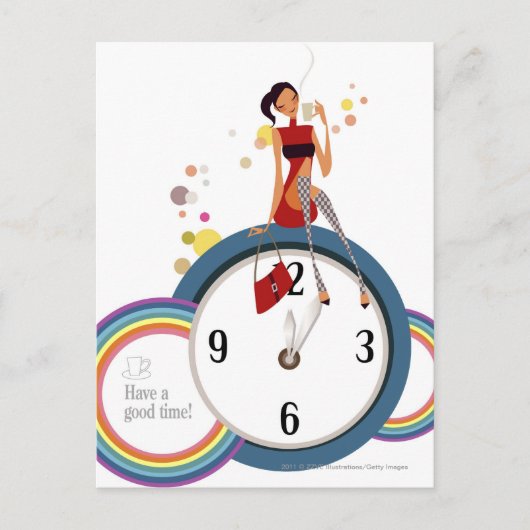 時計に座って茶碗を持つ女性 ポストカード (正面)