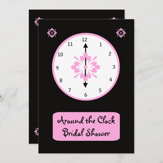 時計ののまわりにブライダルシャワーの招待状 – ピンク 招待状 (正面/裏面)