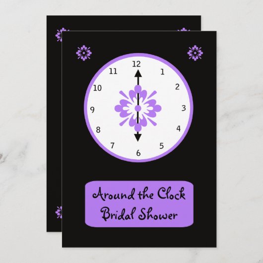 時計ののまわりにブライダルシャワーの招待状 – Violet 招待状 (正面/裏面)