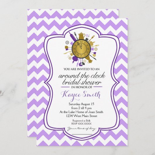 時計ののまわりにブライダルシャワーへの招待 招待状 (正面/裏面)