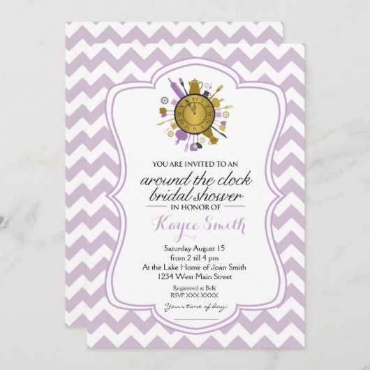 時計ののまわりにブライダルシャワーへの招待 招待状 (正面/裏面)