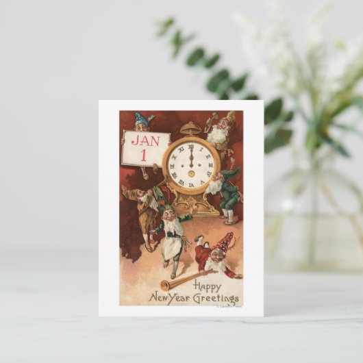 時計のまわりでパーティを楽しむ格言 シーズンポストカード (スタンド正面)