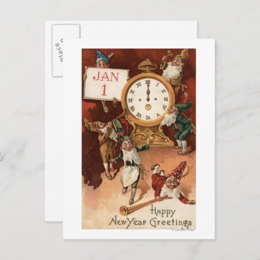 時計のまわりでパーティを楽しむ格言 シーズンポストカード (正面/裏面)