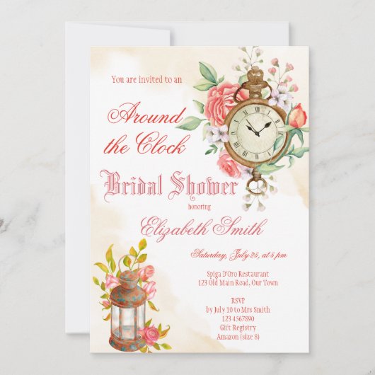 時計のまわりにのブライダルシャワーの招待状 招待状 (正面)
