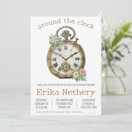 時計のまわりにをテーマにしたブライダルシャワー 招待状 (スタンド正面)