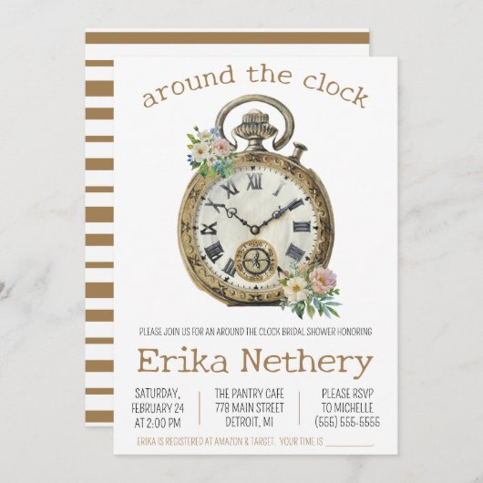 時計のまわりにをテーマにしたブライダルシャワー 招待状 (正面/裏面)