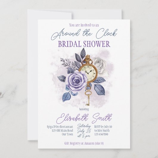 時計のまわりにブライダルシャワー 招待状 (正面)