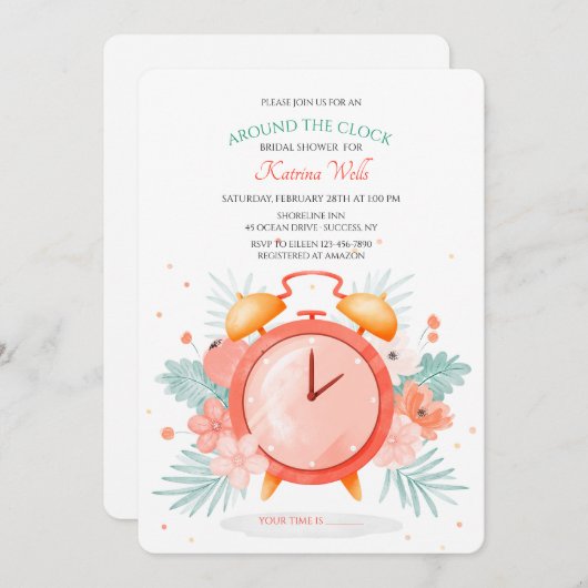 時計のまわりにブライダルシャワー 招待状 (正面/裏面)