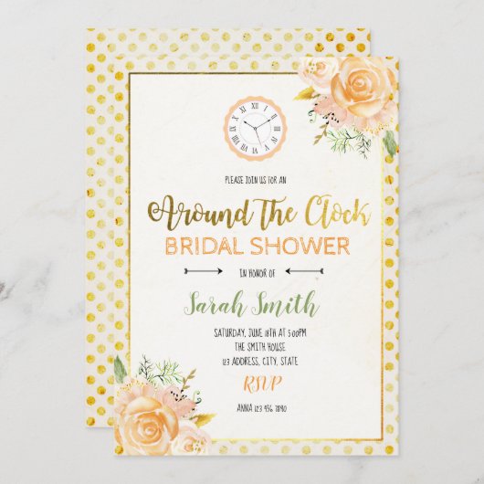 時計のまわりにブライダルシャワー 招待状 (正面/裏面)
