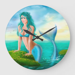 時計のファンタジーの美しい若い女性の人魚 ラージ壁時計