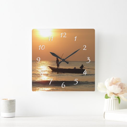 時計の日没のボートの写真を採取することを行く時間 スクエア壁時計 (ホーム)