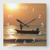 時計の日没のボートの写真を採取することを行く時間 スクエア壁時計 (正面)