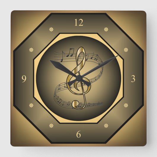 時計の角~ミュージカルスクロール~ Gクレフ、 音符記号~八角形~ スクエア壁時計 (正面)