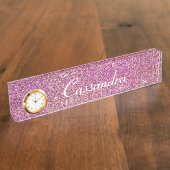 時計またはピンクのグリッターの机用ネームプレート デスクネームプレート (側面)