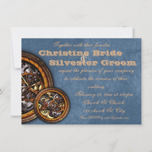 時計仕掛けと革、4.5x6.25 ウェディング 招待状 (正面)