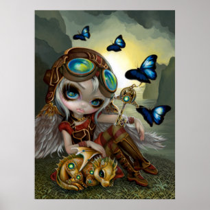 時計仕掛けのDragonlingのsteampunkのドラゴンの妖精の芸術 ポスター