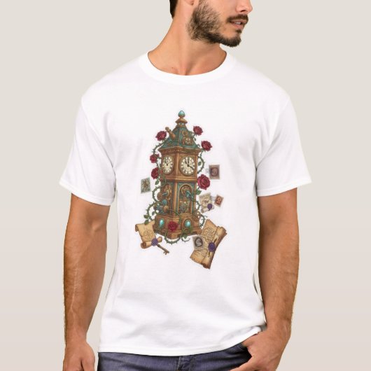 時計塔の幻想的なタイムマシンイラスト Tシャツ (正面)