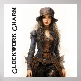 時計工チャームスチームパンクヴィンテージ若い女性 ポスター