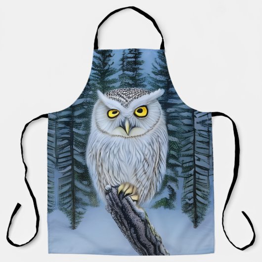 時計静か – 北の冬の森の灰色フクロウ エプロン (正面)