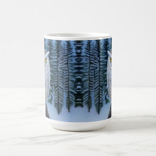 時計静か – 北の冬の森の灰色フクロウ コーヒーマグカップ (中央)
