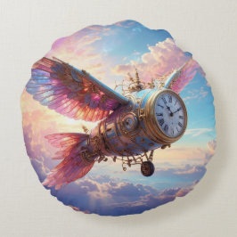 時計顔付き幻想的な翼を有する円枕 ラウンドクッション