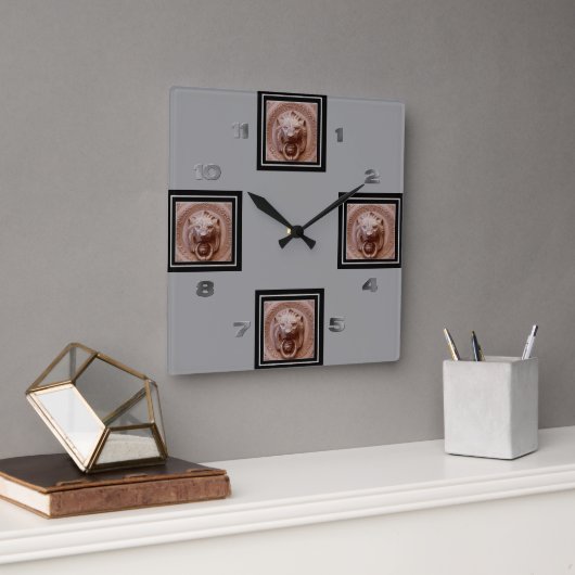 時計-ライオンのヘッドドアノッカー スクエア壁時計 (オフィス)