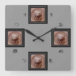 時計-ライオンのヘッドドアノッカー スクエア壁時計