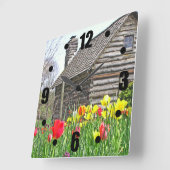 時計/ "古いログキャビンとチューリップ" スクエア壁時計 (傾斜)
