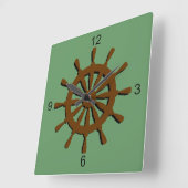 時計-船の舵輪(茶色) スクエア壁時計 (傾斜)