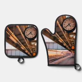 時計、駅で 鍋つかみ&鍋敷きセット