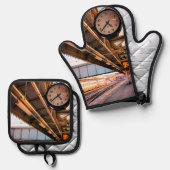 時計、駅で 鍋つかみ&鍋敷きセット (正面/裏面)