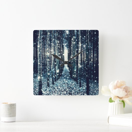 時計：魔法の森ティール（緑がかった色）グレーエレガンス スクエア壁時計 (ホーム)