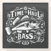 時間おもしろいから低音魚釣りボート ガラスコースター (正面)