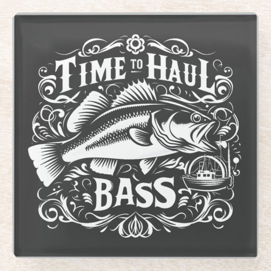 時間おもしろいから低音魚釣りボート ガラスコースター (正面)