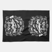 時間おもしろいから低音魚釣りボート キッチンタオル (横)