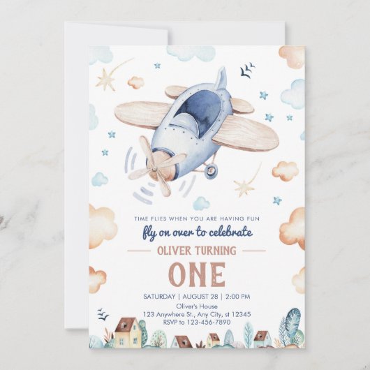 時間が飛ぶように過ごす飛行機のファーストバースデー 招待状 (正面)