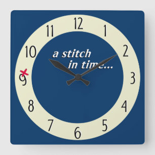 時間のステッチは9時計-青--を救います スクエア壁時計