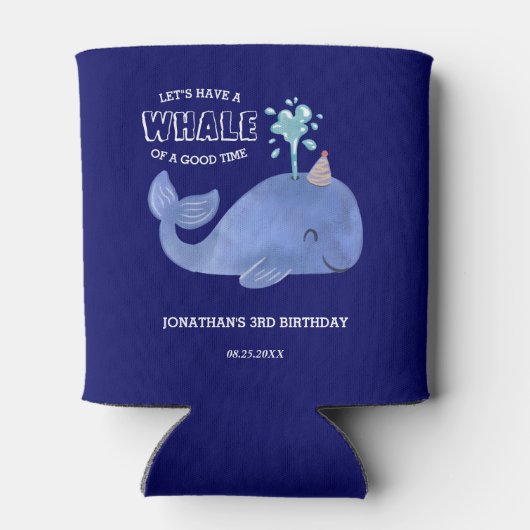 時間の鯨かわいいパーティーハットネイビー誕生日 缶クーラー (裏面)