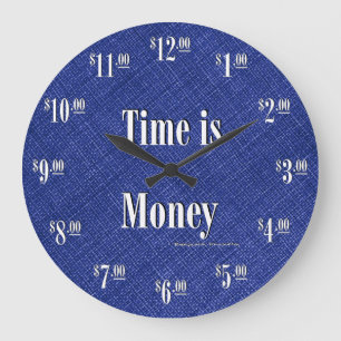 時間はお金の時計-青い質の白い文字です ラージ壁時計