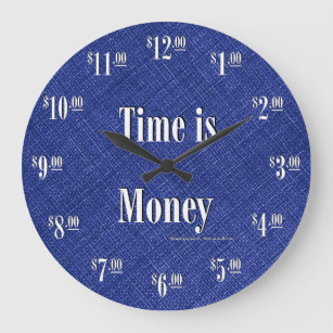 時間はお金の時計-青い質の白い文字です ラージ壁時計