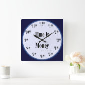 時間はお金の時計-青い顔w/Blackの文字です スクエア壁時計 (ホーム)