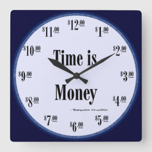 時間はお金の時計-青い顔w/Blackの文字です スクエア壁時計
